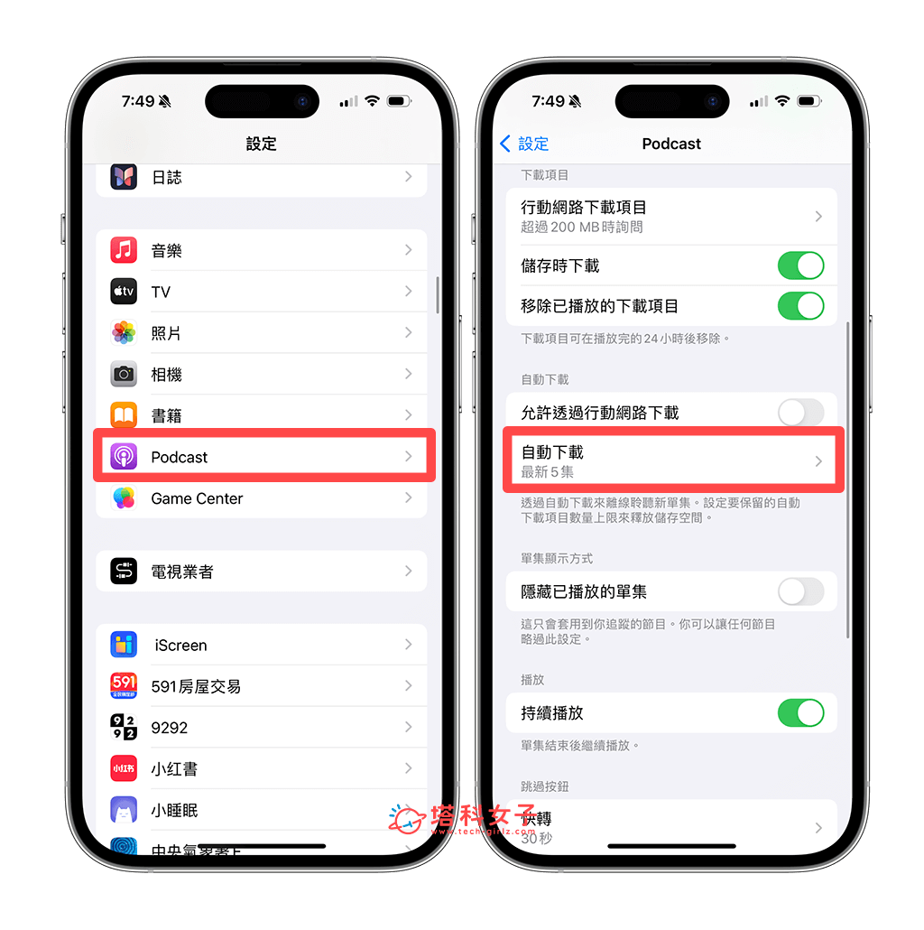 关闭 iPhone Podcast 自动下载功能：设置 > Podcast > 自动下载