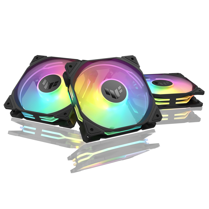 TUF Gaming TR120 ARGB 机壳风扇，除可驱动强劲气流，亦兼具细致美感; 重磅升级的超宽风扇叶片，较前代厚 12%，气流增加至 77.4 CFM，静压更高达 3.3 mmH2O，极致散热无懈可击。