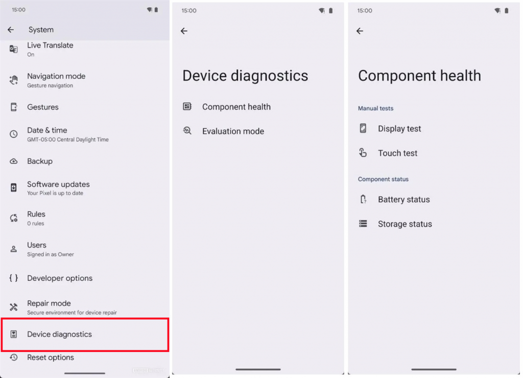 Android 15新增“设备诊断”设置：原生测试屏幕、触控、概览电池、存储状况