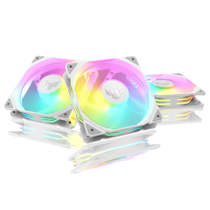 TUF Gaming TR120 ARGB 采用全新美学设计，相当适合玻璃侧透机壳和所有能够彰显机壳风扇的个人电脑; 8+8 双层LED排列搭配侧边不同图案的半透明面板，可增强ARGB灯光效果，使色光均匀穿透每个风扇叶片与框架。