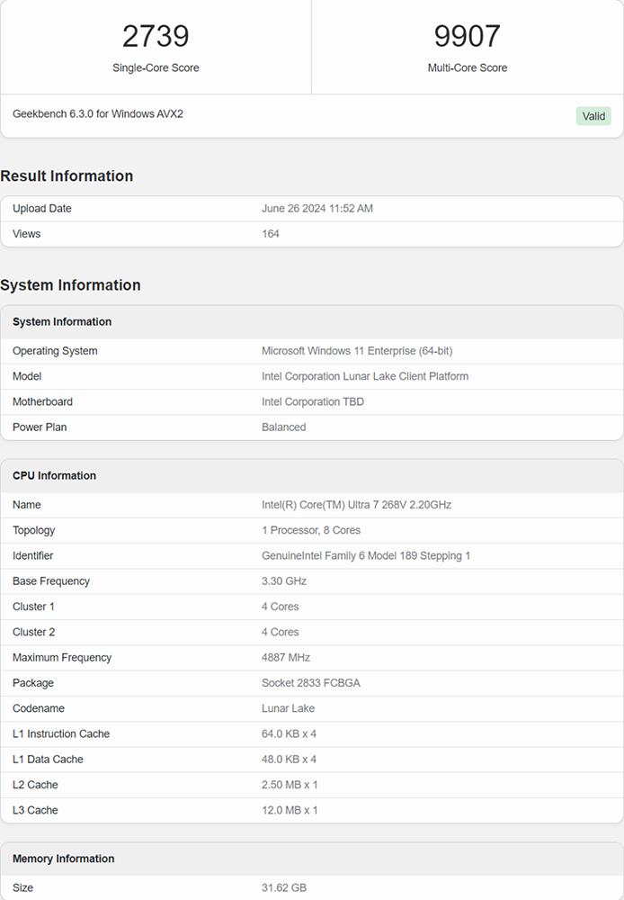 Intel 下一代 Lunar Lake 处理器完整型号列表现身，Ultra 7 268V 的 Geekbench 跑分成绩也来了 - 安卓手赚网