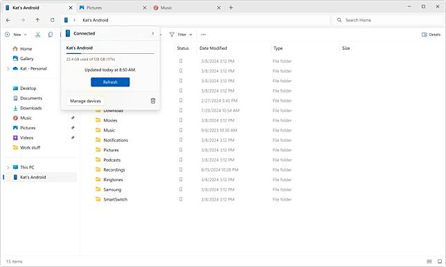 Windows 11 文件管理将整合 Android 无线访问手机文件