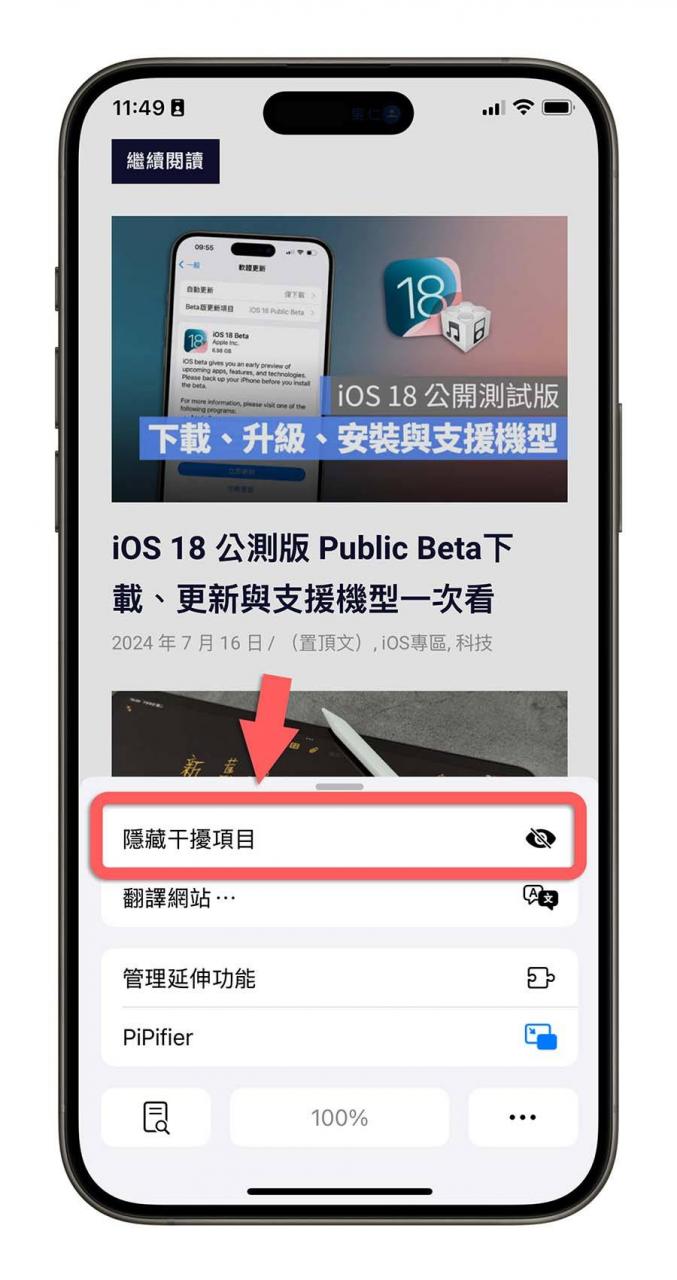 iOS 18 Safari 隐藏干扰项目 挡广告