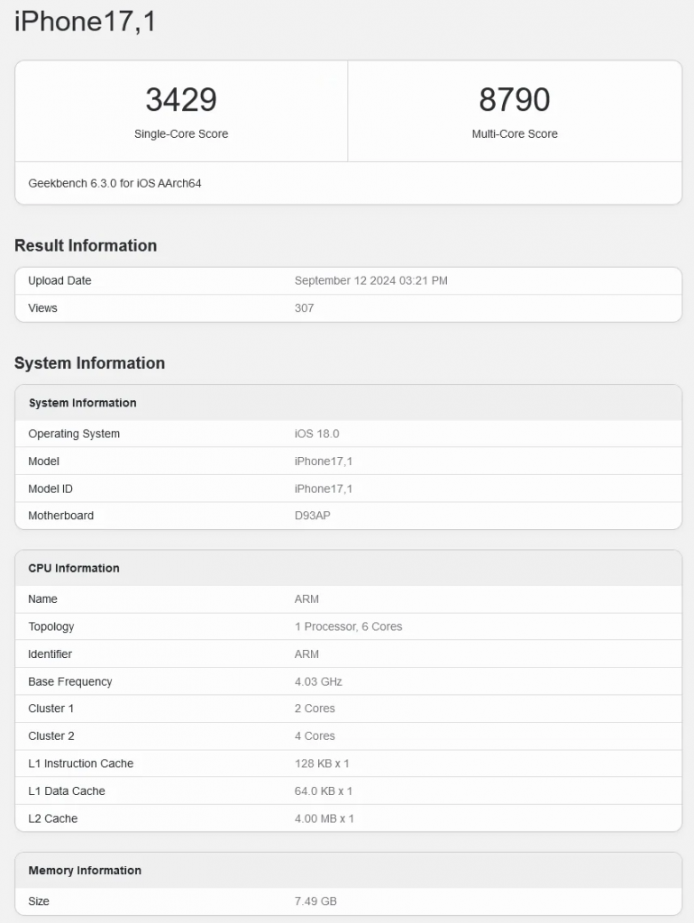 iPhone 16 Pro 跑分再曝，多核终超 M1 处理器