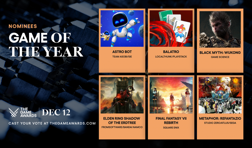 The Game Awards 2024提名揭晓，《Astro Bot》和《最终幻想7 重生》各获七项提名！