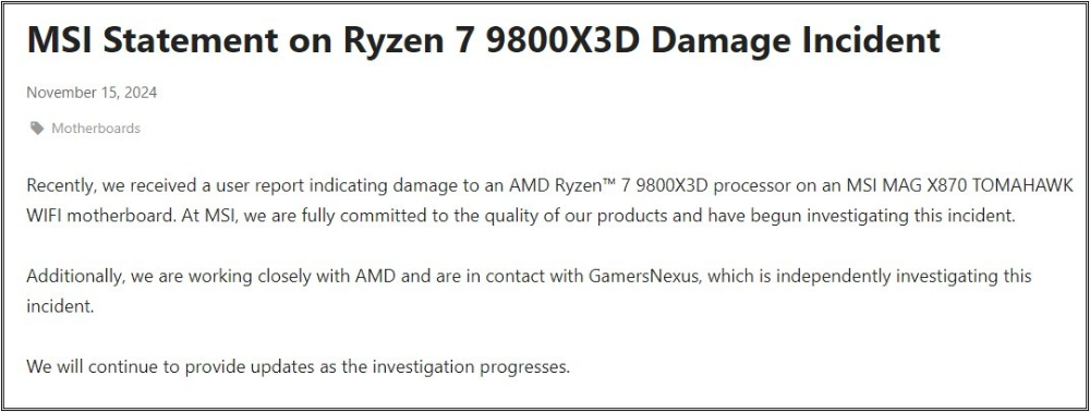 又有用户的Ryzen 7 9800X3D烧了，MSI已发表相关声明 -安卓手赚网