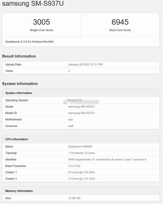 Galaxy S25 Slim 跑分曝光，8 Elite for Galaxy 确认
