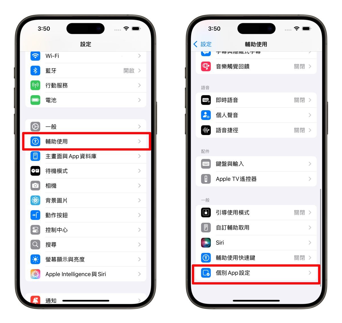 iOS iPhone 辅助使用 个别App设置iPhone个别App设置
