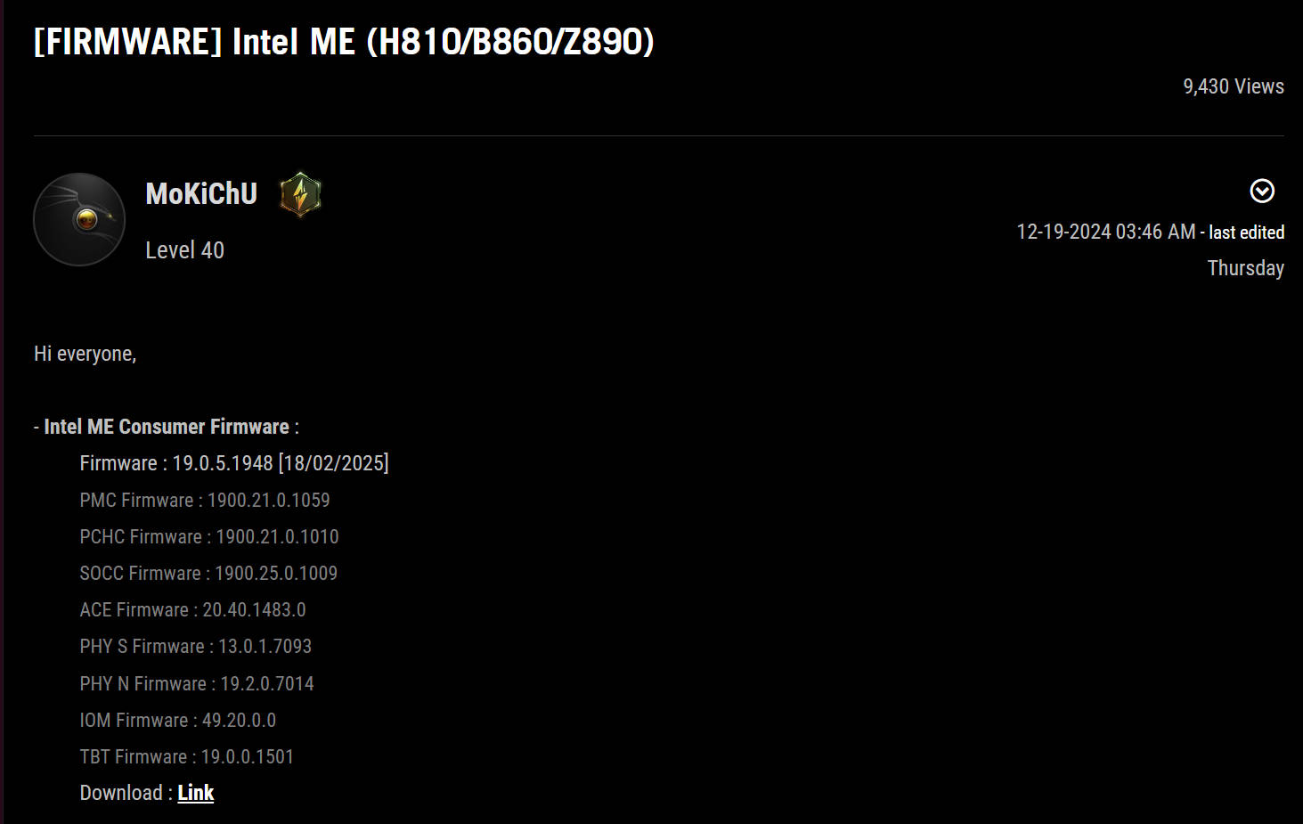 INTEL MR1 MICROCODE 0X117+ME 1948 BIOS现已推出