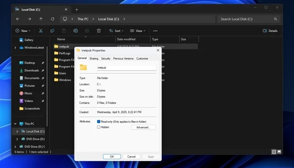 Windows 11 KB5055523 更新后出现「inetpub」文件夹，微软：别删!!